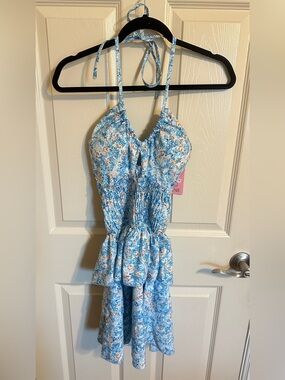 Timi Floral Multi-Colored Adjustable Halter Smocked Mini Dress, Blue, Sz S, NWT